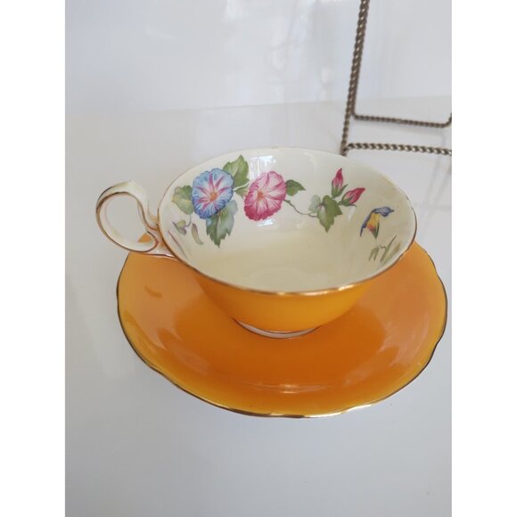 Vintage Aynsley Bone China Widemouth Teacup and Saucer Morning glory 1950's - Picture 11 of 11